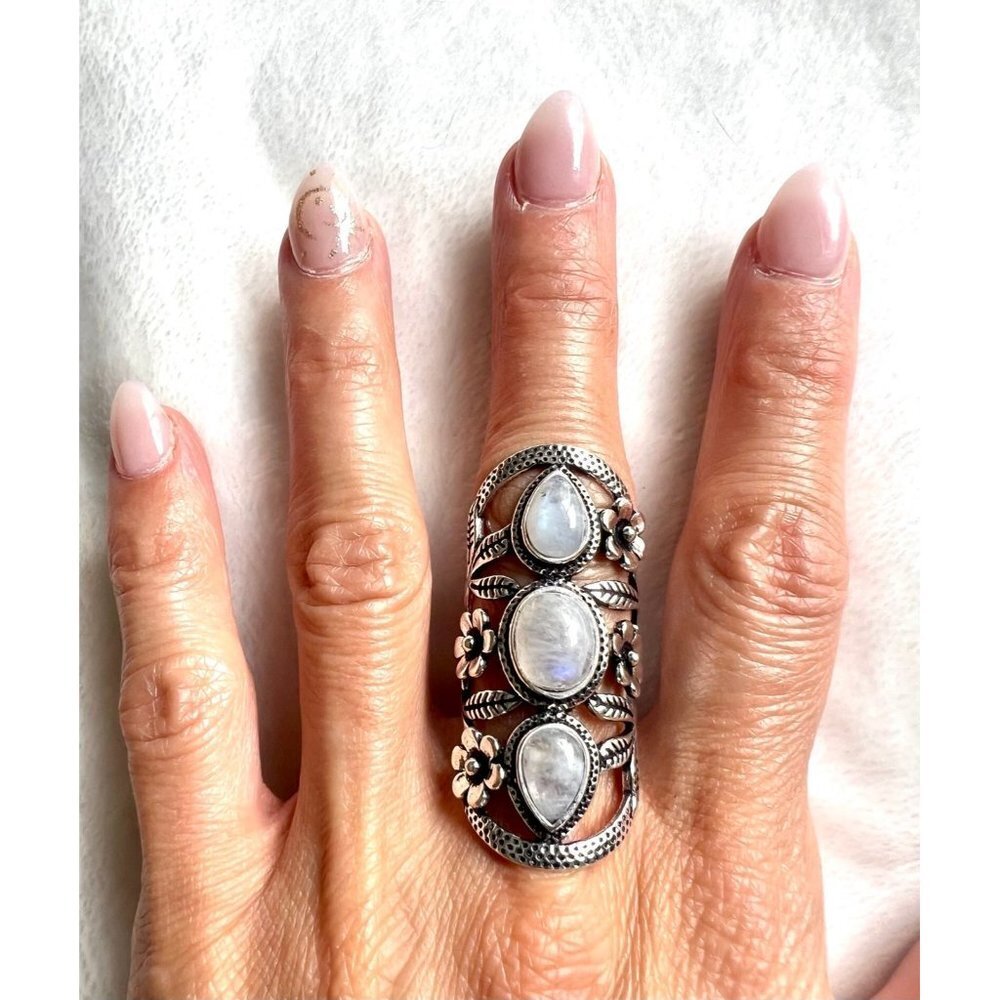 925 Flower Child Rainbow Flash Moonstone Shield Ring 6 - Picture 7 of 13